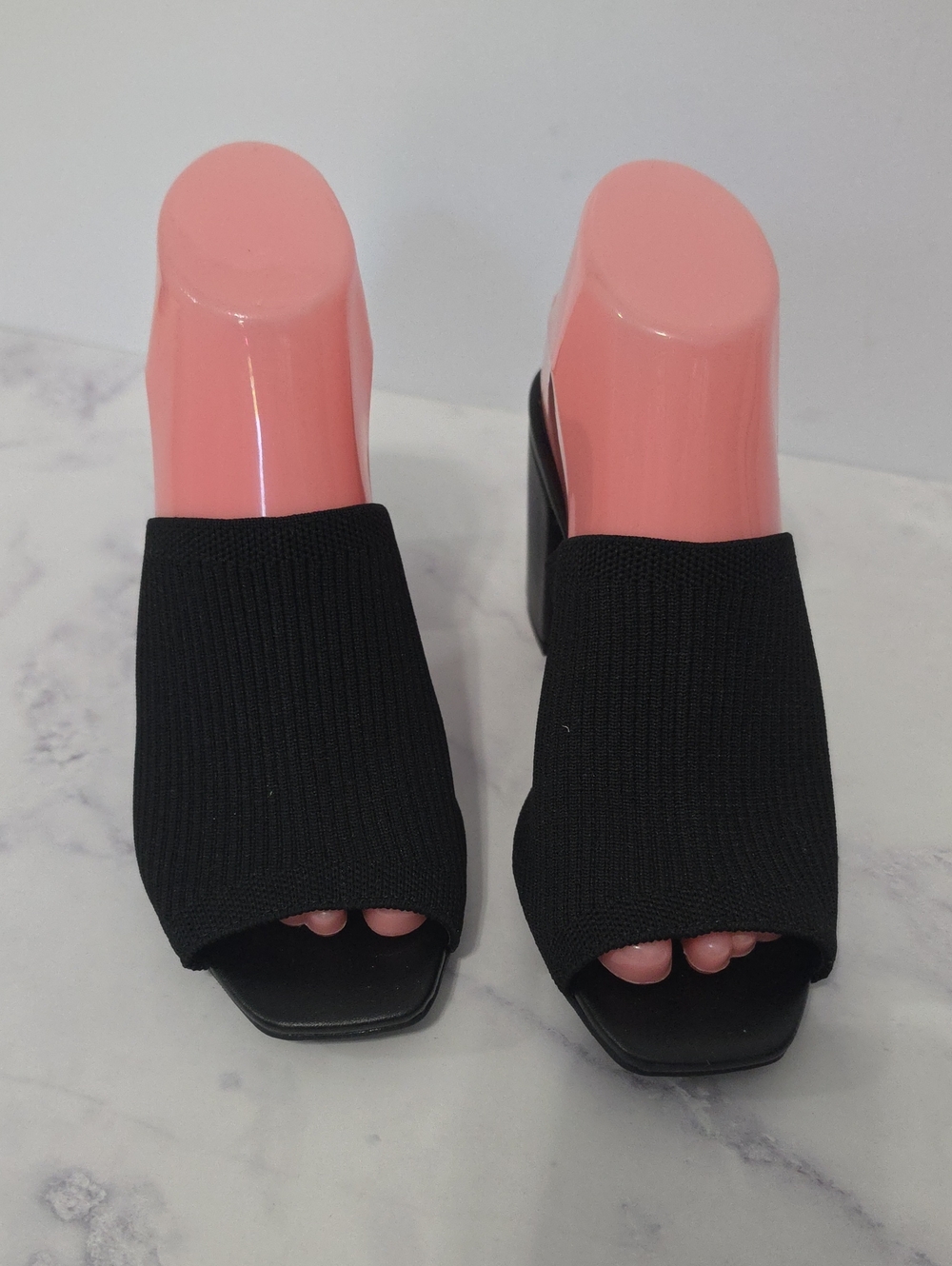 Mia Black Knit Open-Toe Block Heel Mules